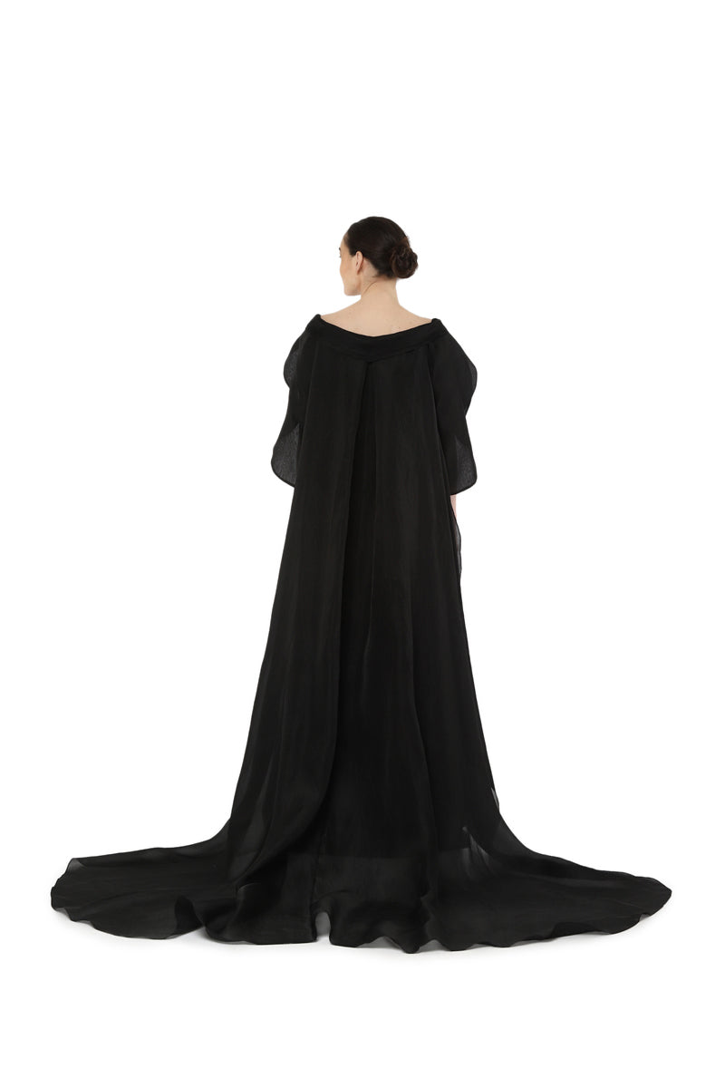 Buy Black Gown In Sequins Embellished Net With Ruching In The Front, Sheer  Sides And Net Cape On Each Shoulder KALKI Fashion India